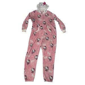 Hello Kitty Pink Hooded Adult One Piece Pajamas Full Zip Front XL Lounging